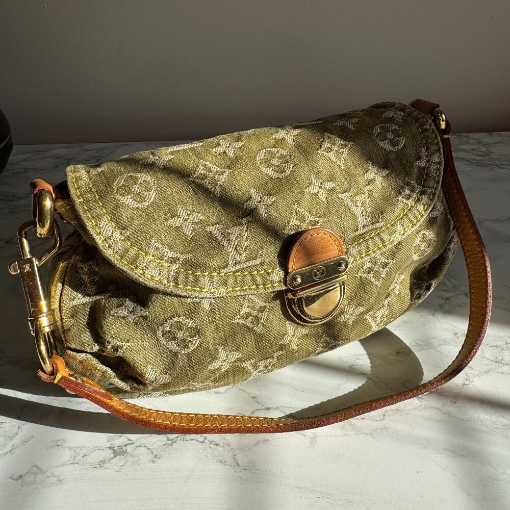 Authentic LOUIS VUITTON Mini Pleaty Denim Khaki Riken Color W/Storage Bag